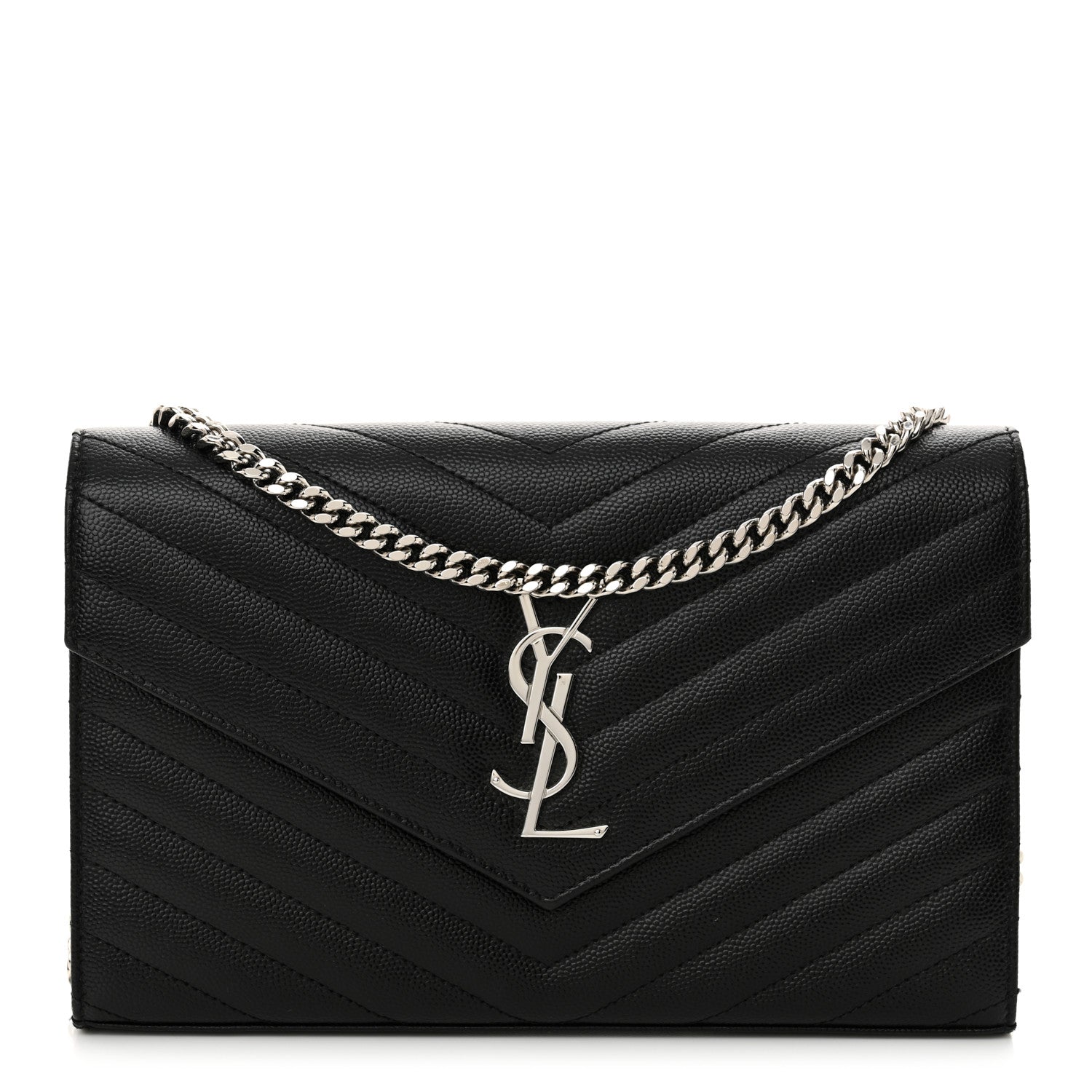 Saint Laurent Grain De Poudre Matelasse Chevron Monogram Chain Wallet Black 1 of 14