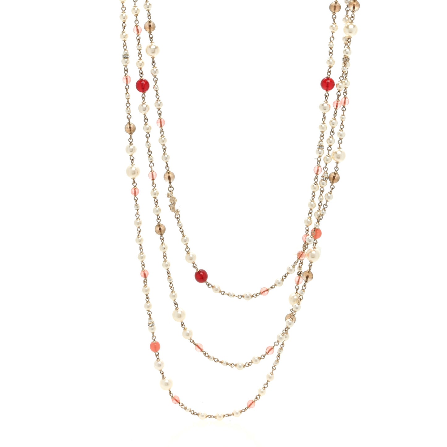Pearl Bead Multi Strand CC Long Necklace Gold