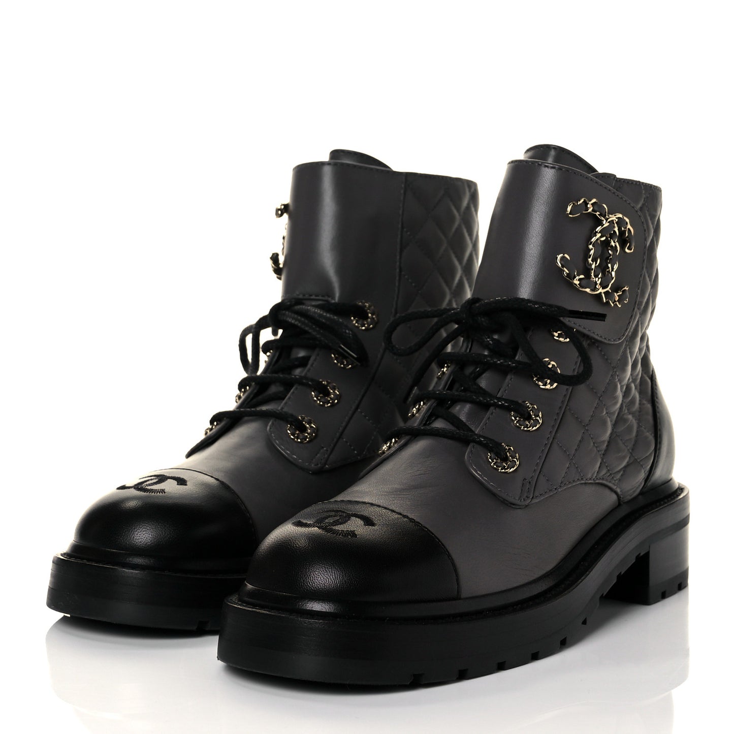 Shiny Lambskin Quilted Lace Up Combat Boots 38.5 Grey Black
