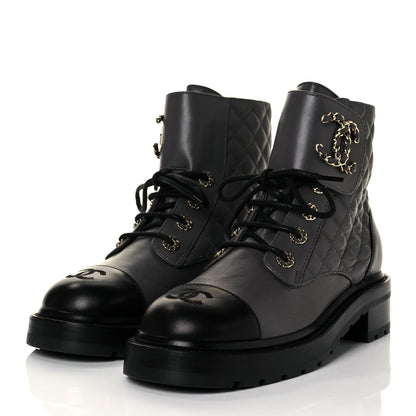 Chanel Shiny Lambskin Quilted Lace Up Combat Boots 38.5 Grey Black 3 of 8