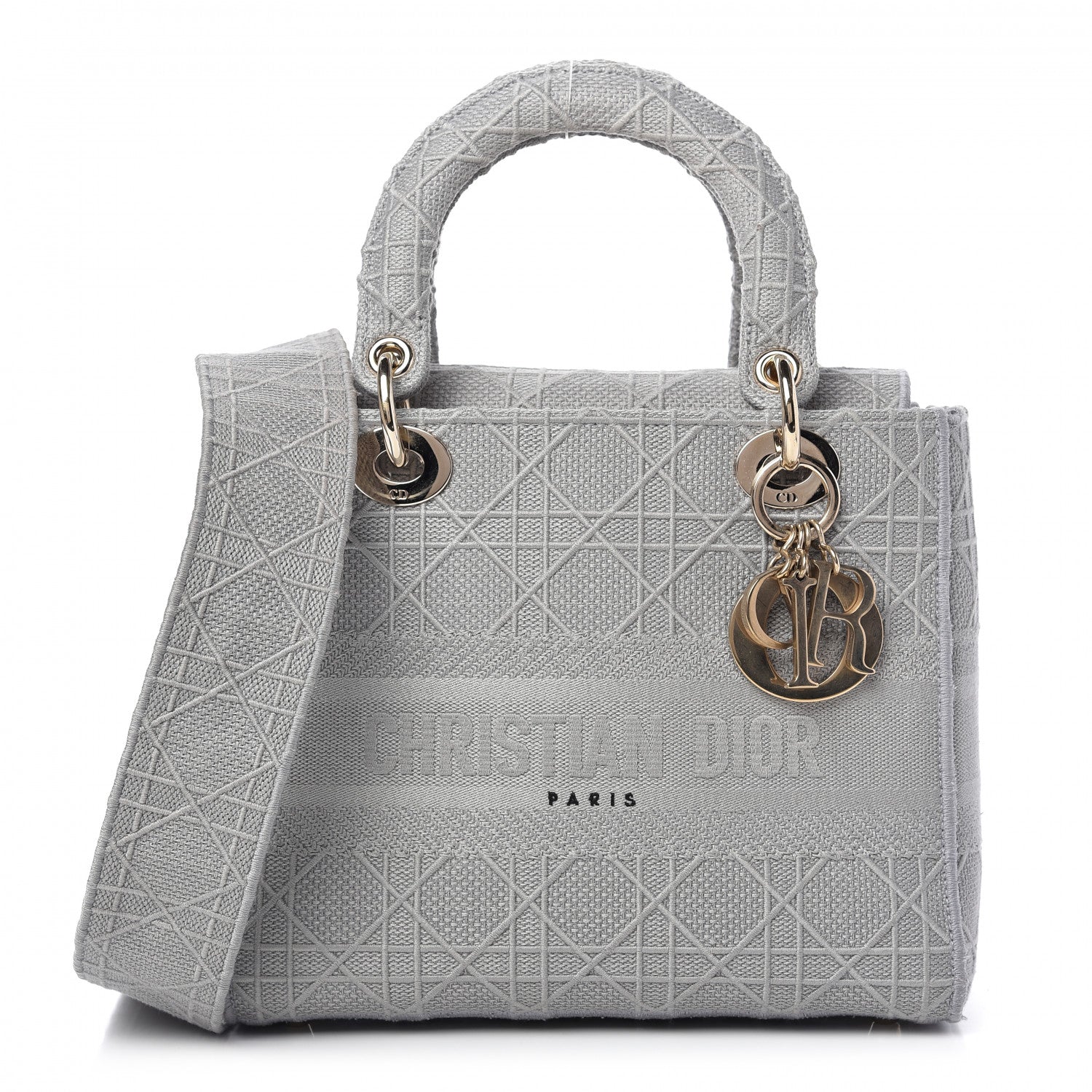 Christian Dior Canvas Embroidered Cannage Medium Lady D-Lite Stone Gray 1 of 10