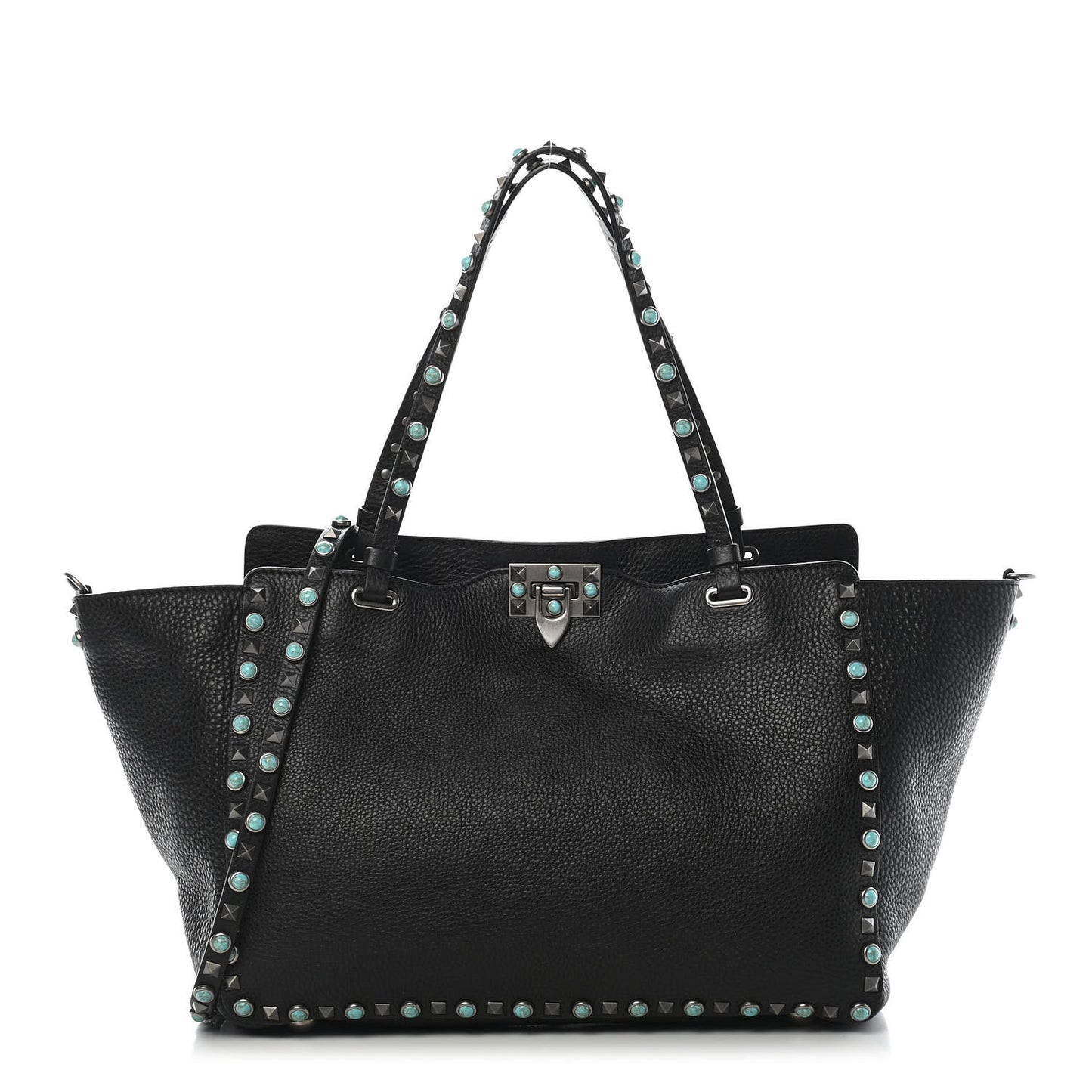 Grained Calfskin Turquoise Medium Rockstud Rolling Tote Black