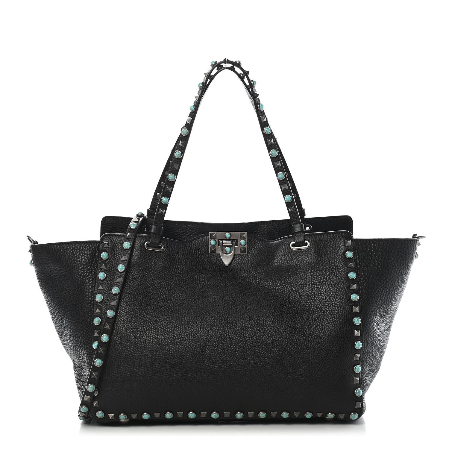 Valentino Garavani Grained Calfskin Turquoise Medium Rockstud Rolling Tote Black 1 of 10