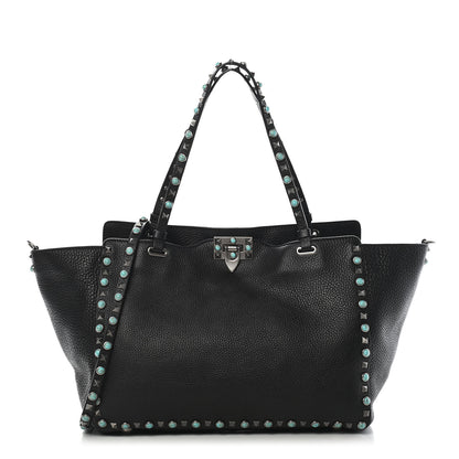 Valentino Garavani Grained Calfskin Turquoise Medium Rockstud Rolling Tote Black 1 of 10