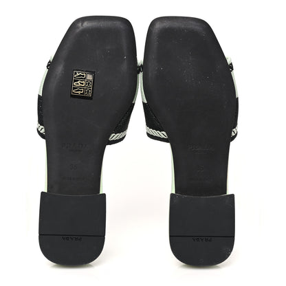 Prada Fabric Logo Embroidered 10mm Slide Sandals 35 Black Acqua 5 of 7