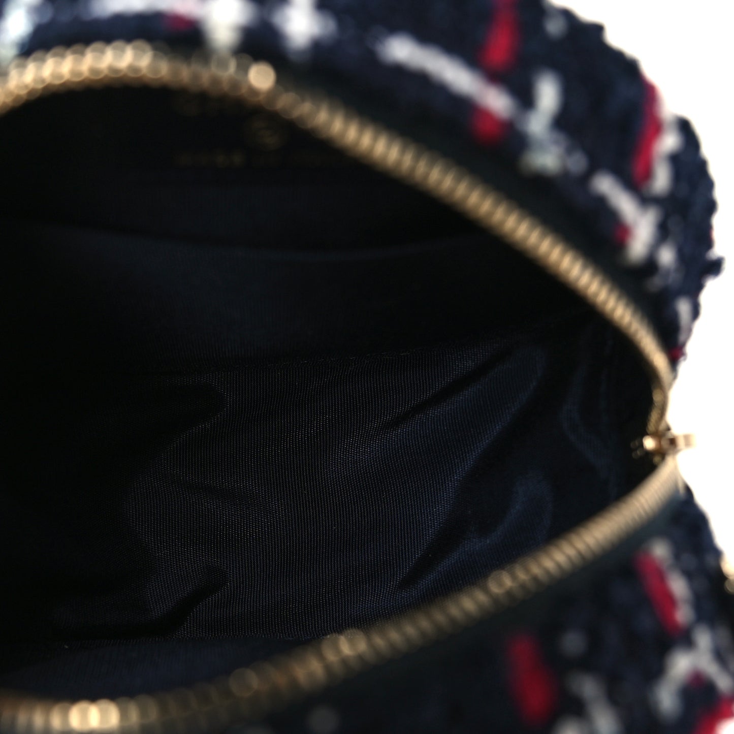Tweed Quilted Round Filigree Clutch With Chain Navy Blue