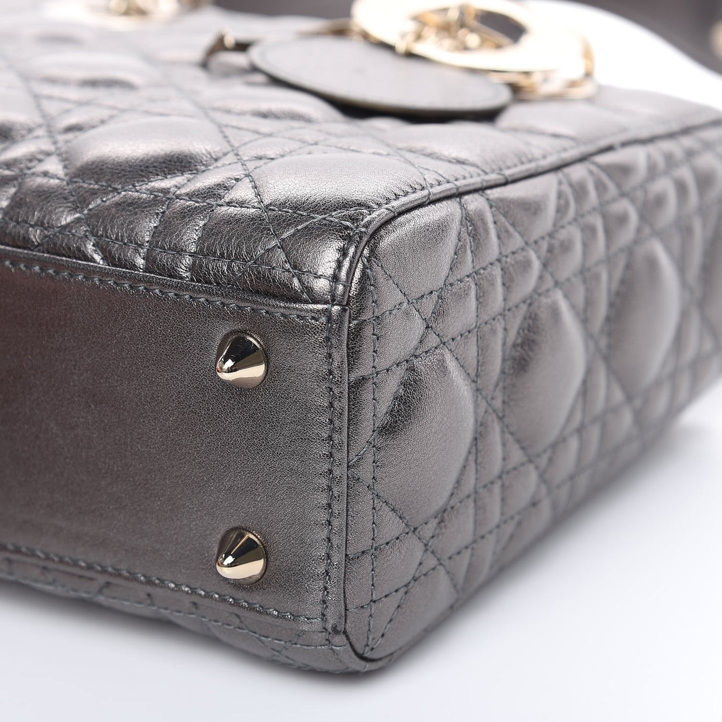 Metallic Grained Calfskin Cannage Small Lady Dior Gunmetal