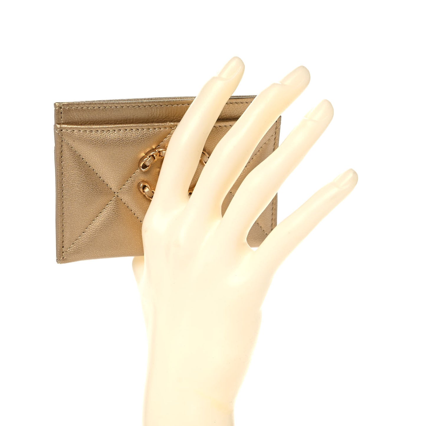 Metallic Lambskin Quilted Chanel 19 Card Holder Gold
