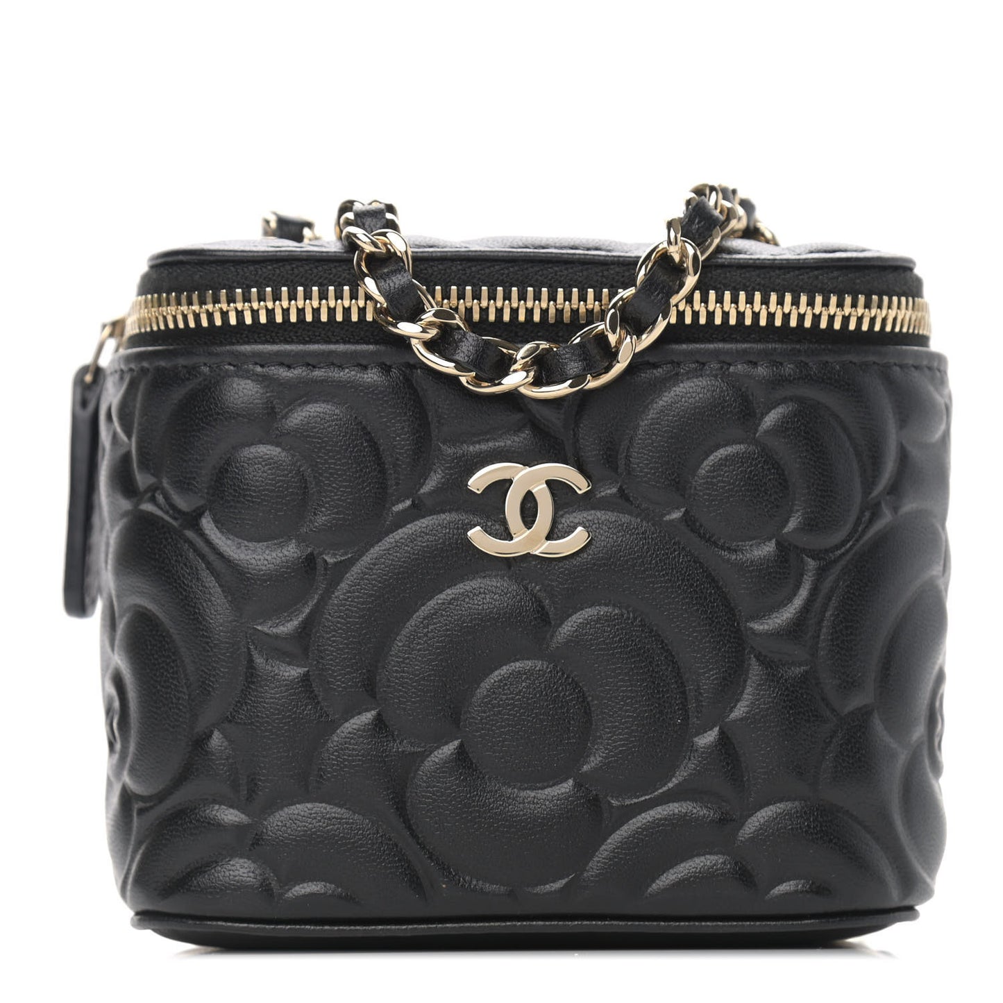 Lambskin Camellia Embossed Mini Vanity Case With Chain Black