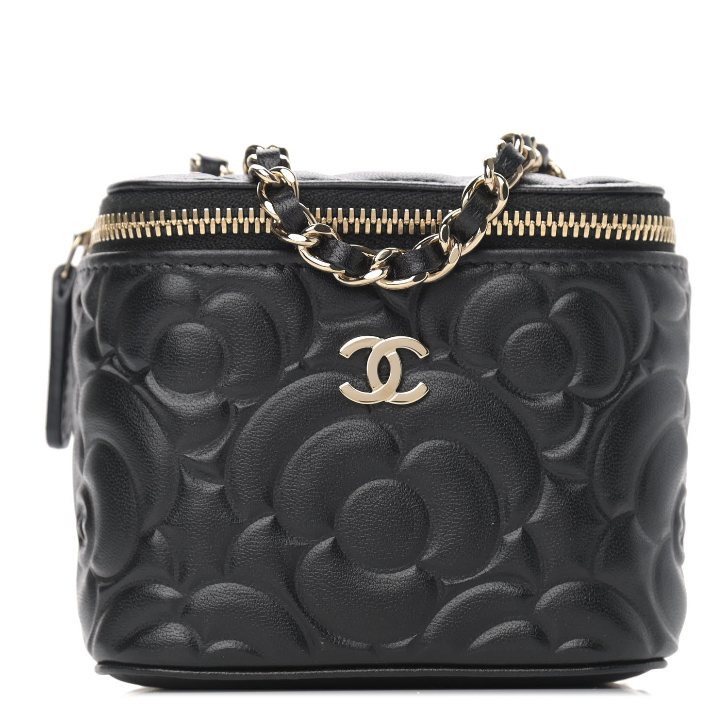 Chanel Lambskin Camellia Embossed Mini Vanity Case With Chain Black 1 of 8