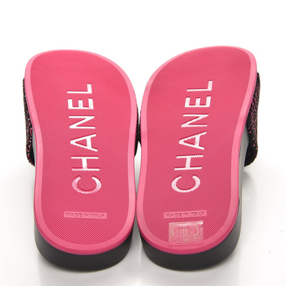 Chanel Tweed Grosgrain Camellia CC Flat Mules 39 Black Pink 5 of 9