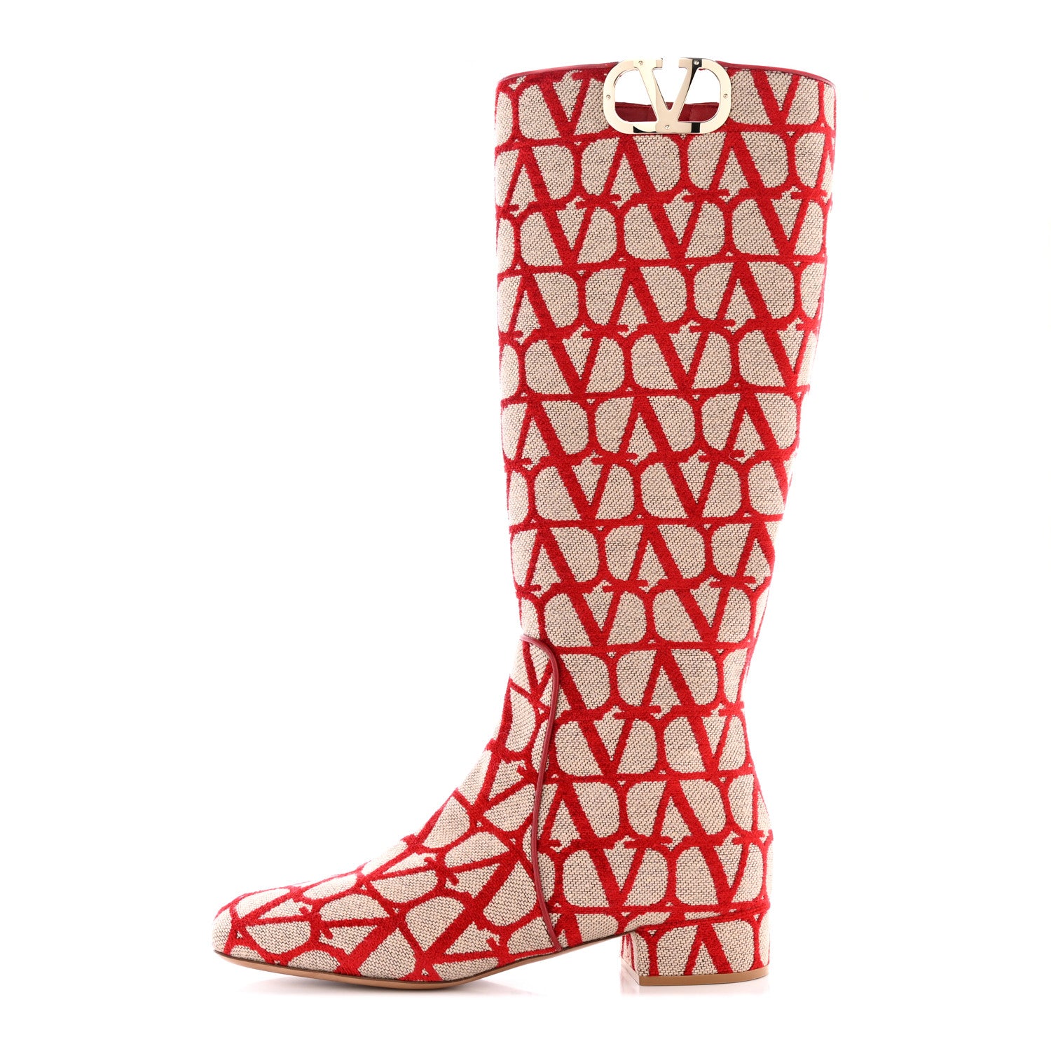 Valentino Garavani Toile Iconographe Calfskin Vlogo Knee High 30mm Boots 39 Naturale Rosso Valentino 1 of 17