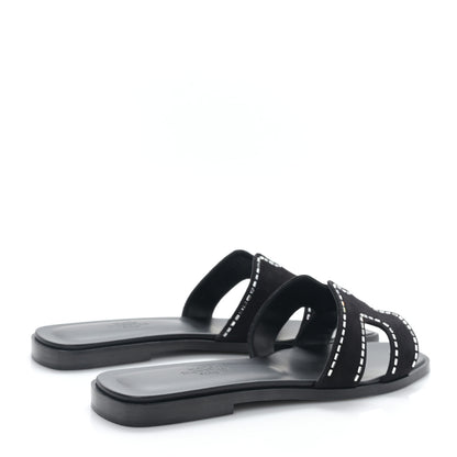 Hermes Calfskin Crystal Embellished Oran Sandals 37 Black 4 of 8