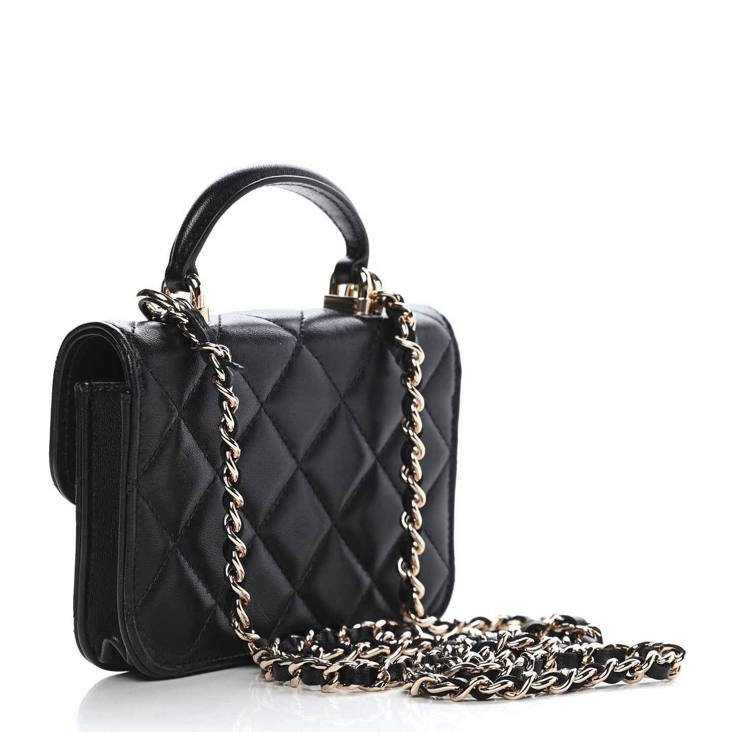 Lambskin Quilted Top Handle Flap Coin Purse With Chain Black