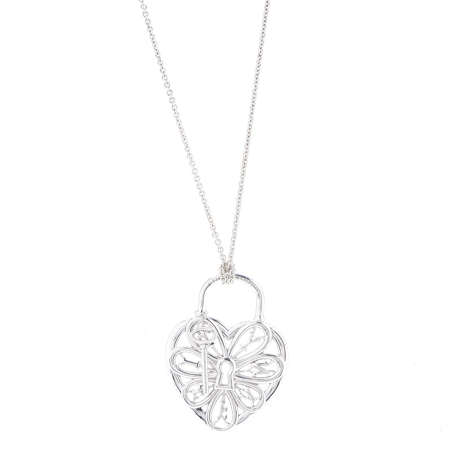 Tiffany Sterling Silver Filigree Heart Key Pendant Necklace 1 of 8