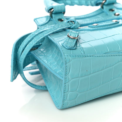 Balenciaga Calfskin Crocodile Embossed Neo Classic Silver Hardware Nano City Crossbody Azur 8 of 9