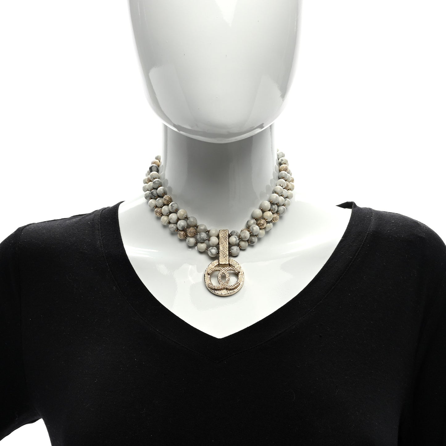 Metal Marble CC Pendant Choker Necklace Gold White