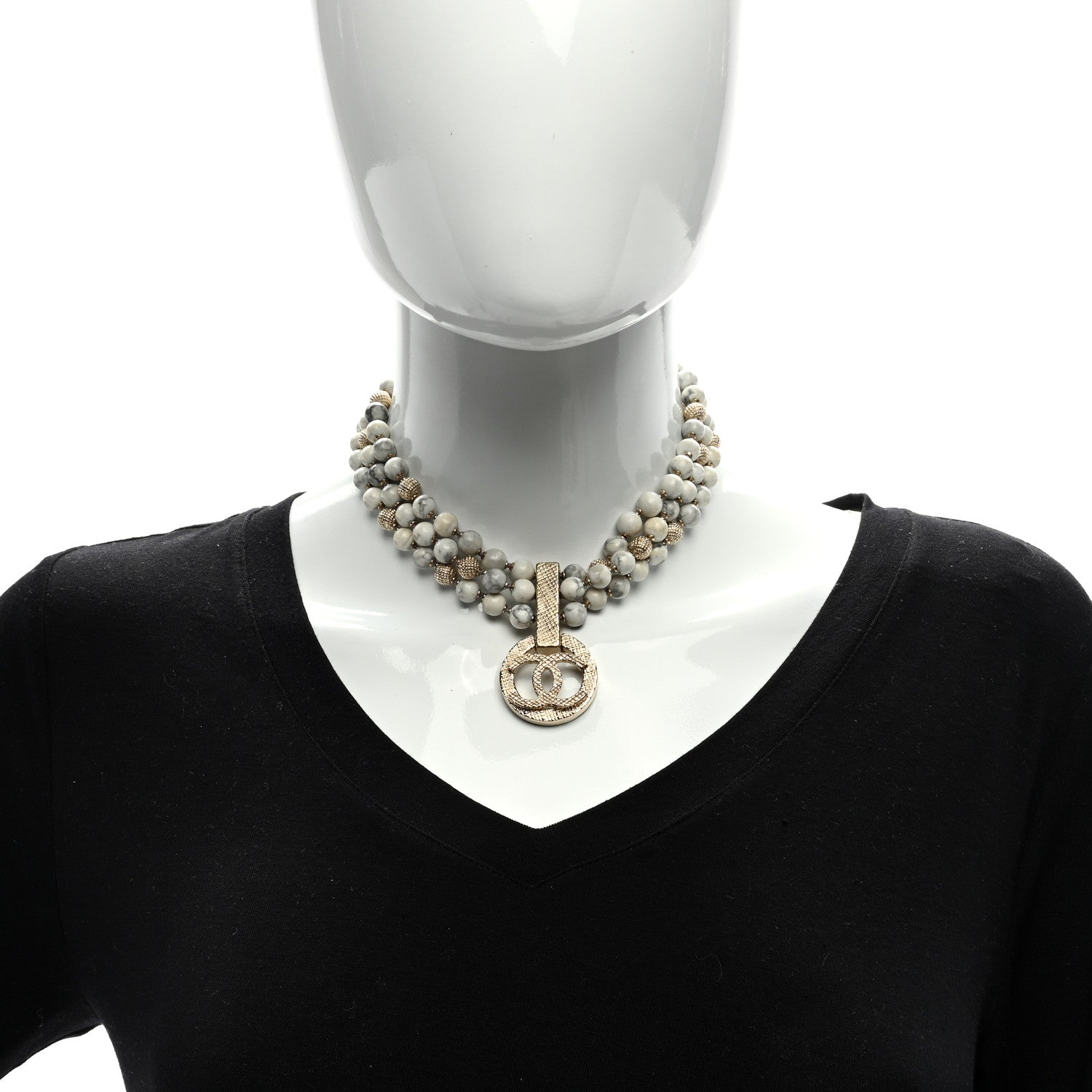 Chanel Metal Marble CC Pendant Choker Necklace Gold White 4 of 4
