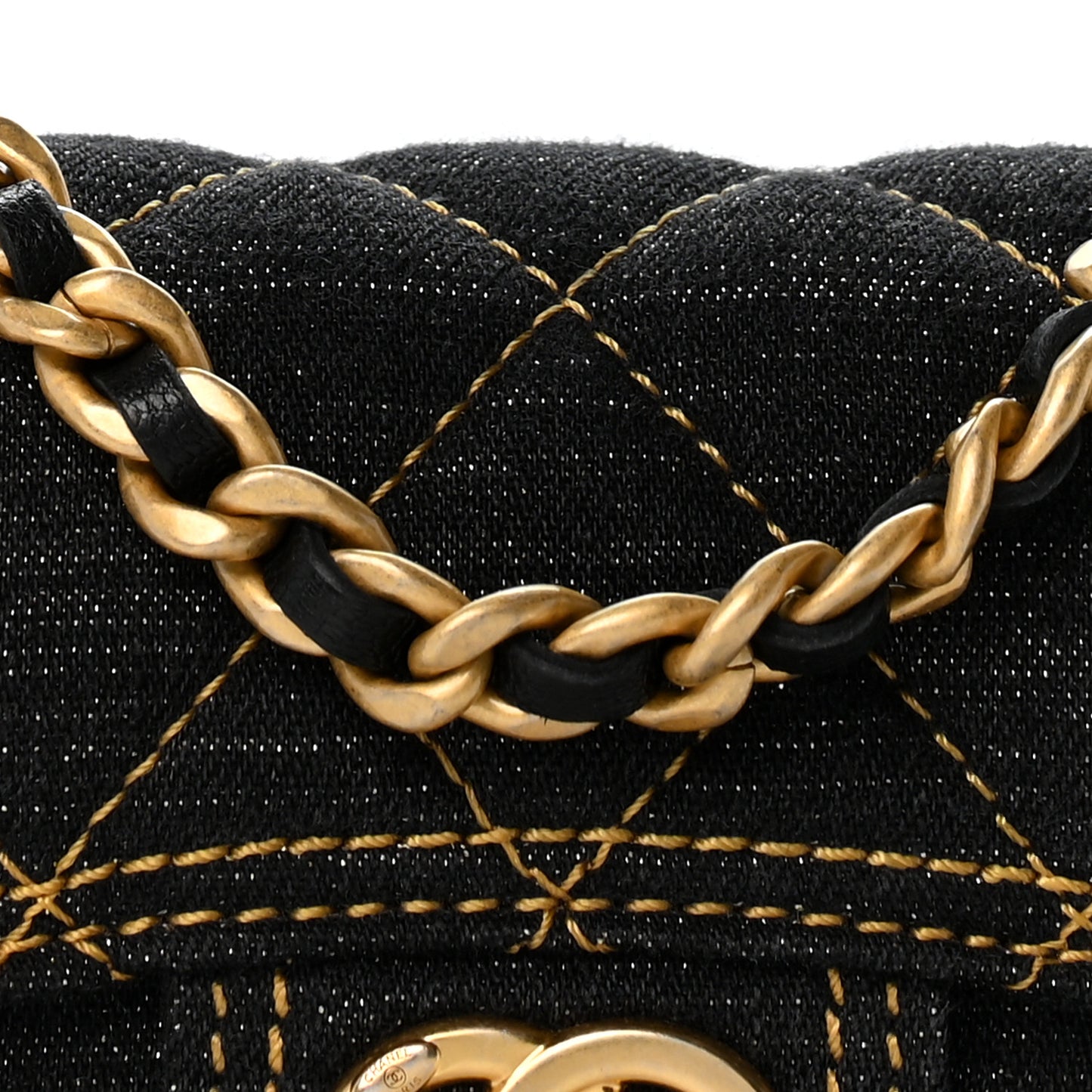 Denim Quilted Double You Mini Flap Black Golden