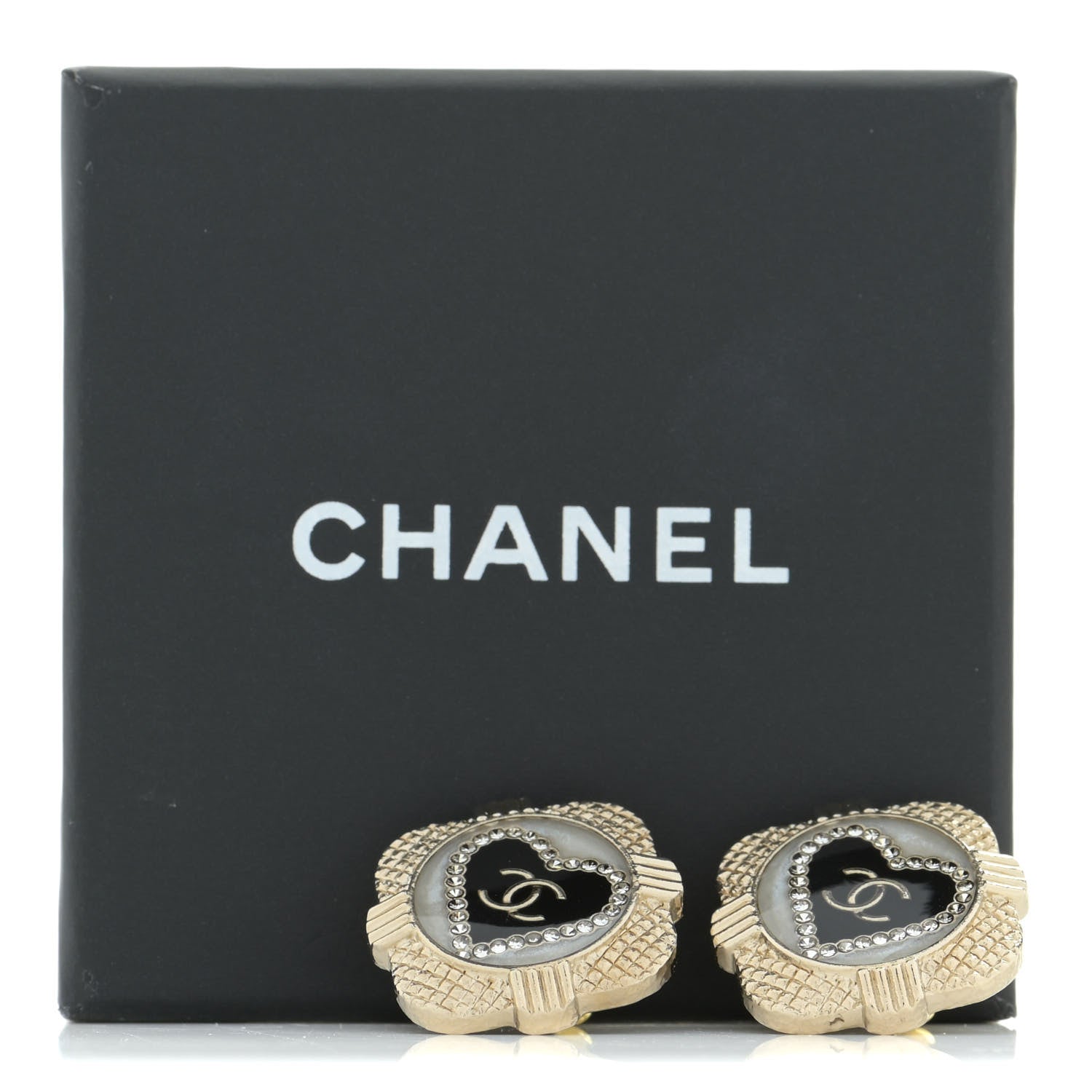 Chanel Resin Crystal Quilted CC Heart Earrings Gold Black 5 of 5