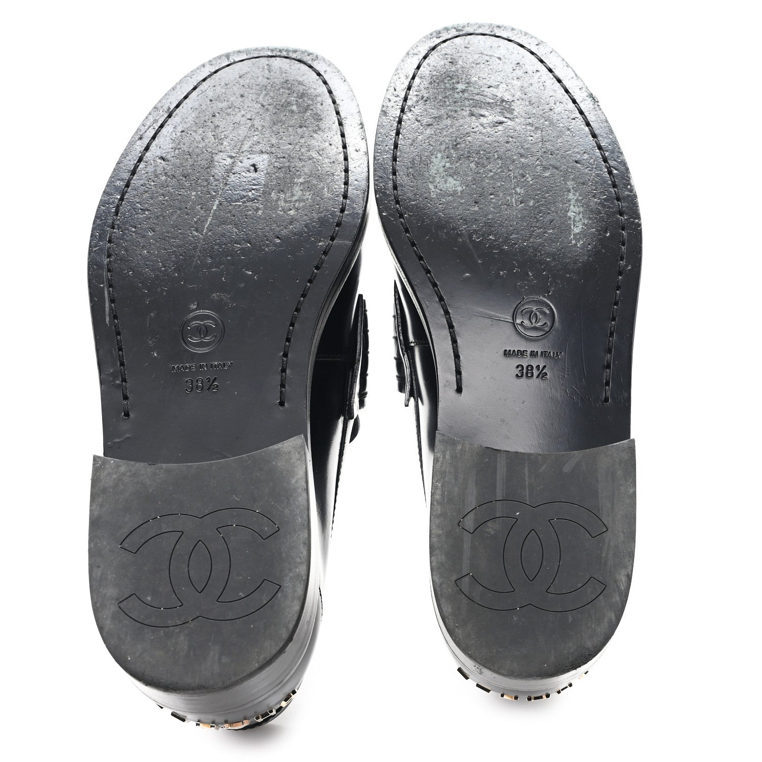 Chanel Shiny Calfskin Logo Loafers 38.5 Black 6 of 8
