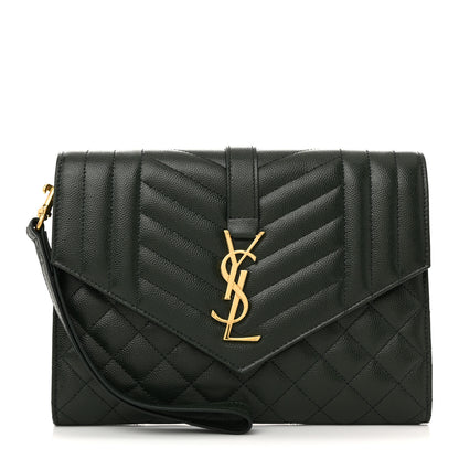 Saint Laurent Grain De Poudre Textured Mixed Matelasse Triquilt Monogram Clutch Vert Fonce 1 of 7