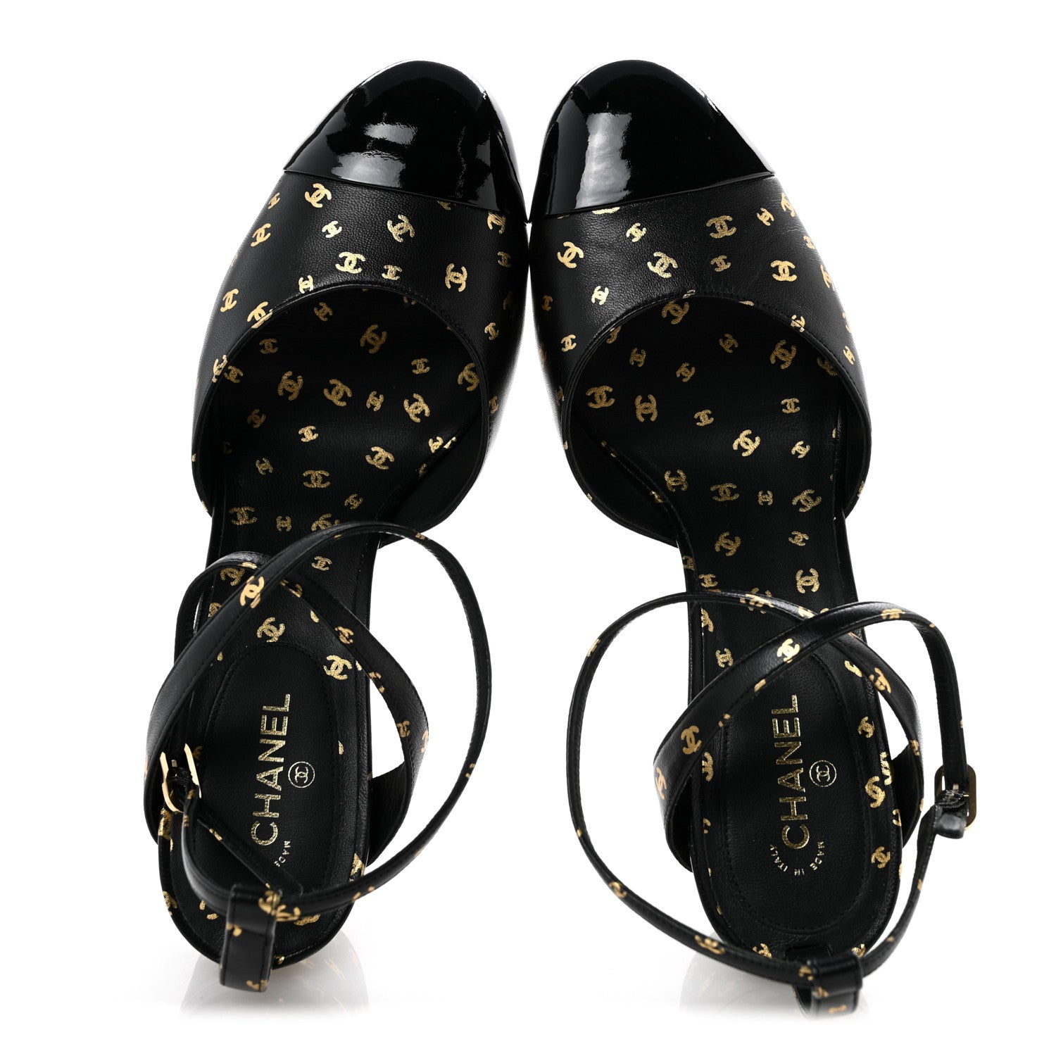 Chanel Printed Lambskin Patent Calfskin CC Slingbacks 39 Black Gold 2 of 11