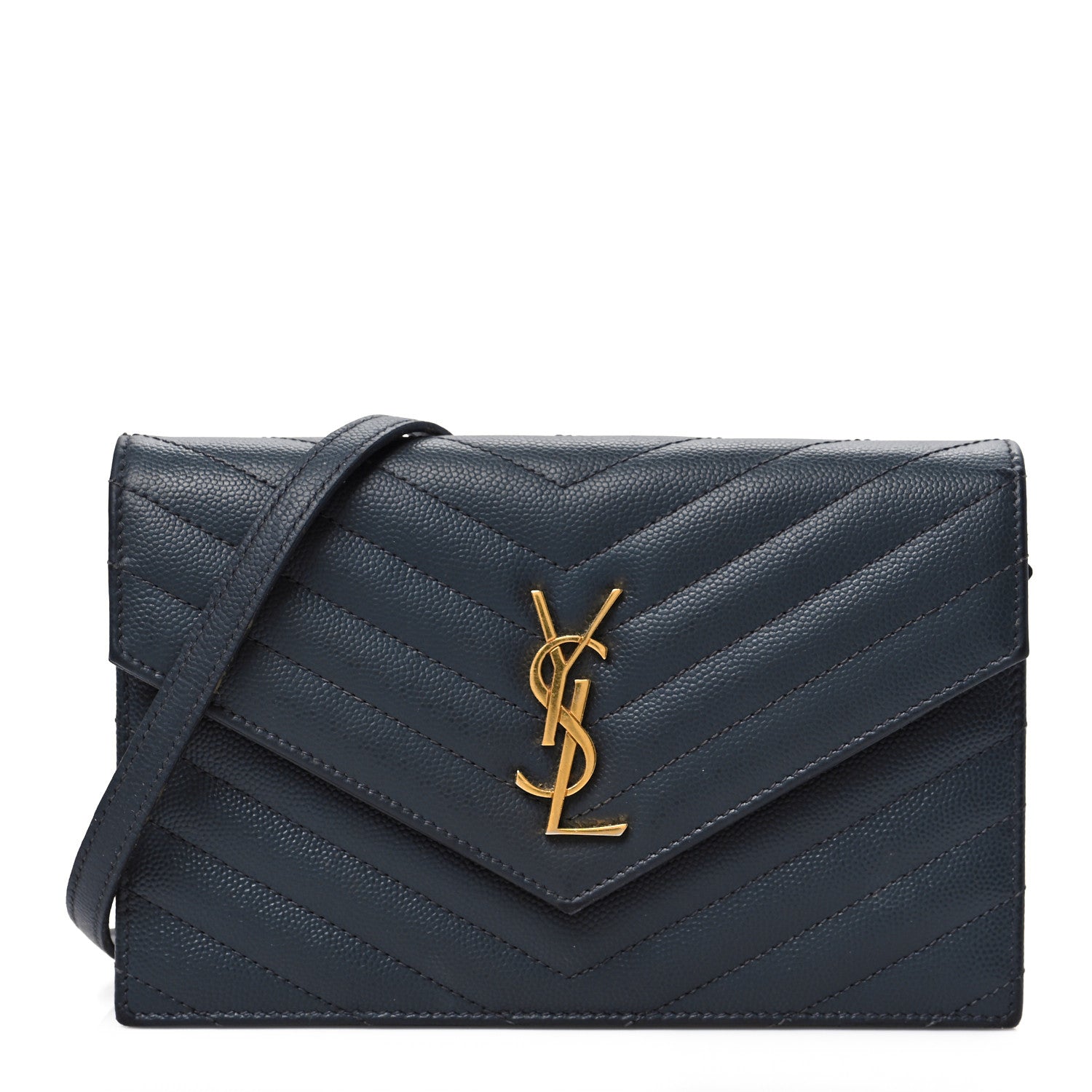 Saint Laurent Grain De Poudre Matelasse Chevron Monogram Envelope Chain Wallet Dark Smog 1 of 7