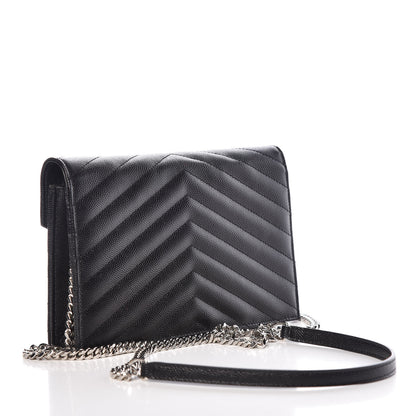 Saint Laurent Grain De Poudre Matelasse Chevron Monogram Envelope Chain Wallet Black 3 of 11