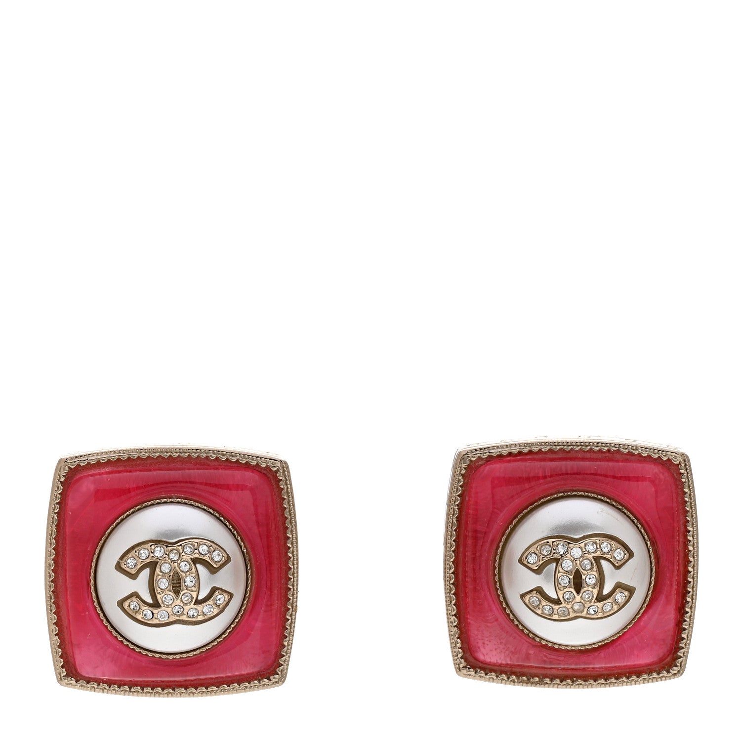 Chanel Metal Glass Pearl Strass CC Earrings Pink Gold 1 of 4