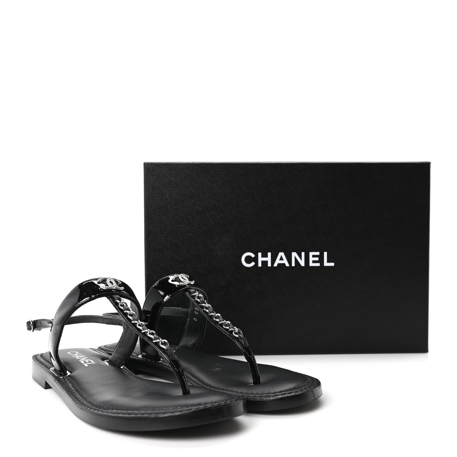 Chanel Calfskin Patent Chain CC Logo Thong Flat Sandals 39 Black 19 of 20