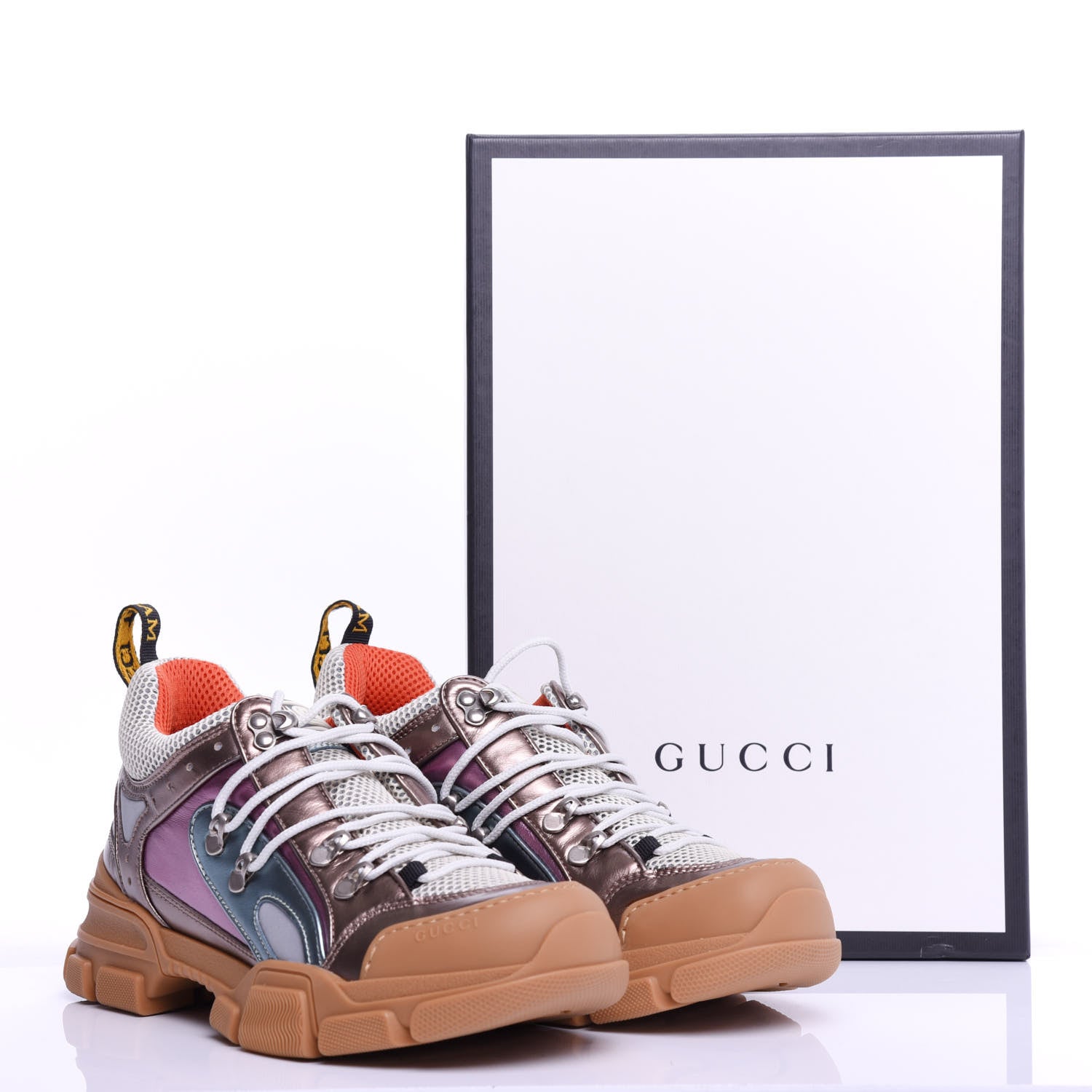 Gucci X SEGA Metallic Calfskin Mesh Womens Flashtrek Sneakers 40.5 Rame Mystic White Lago 10 of 10