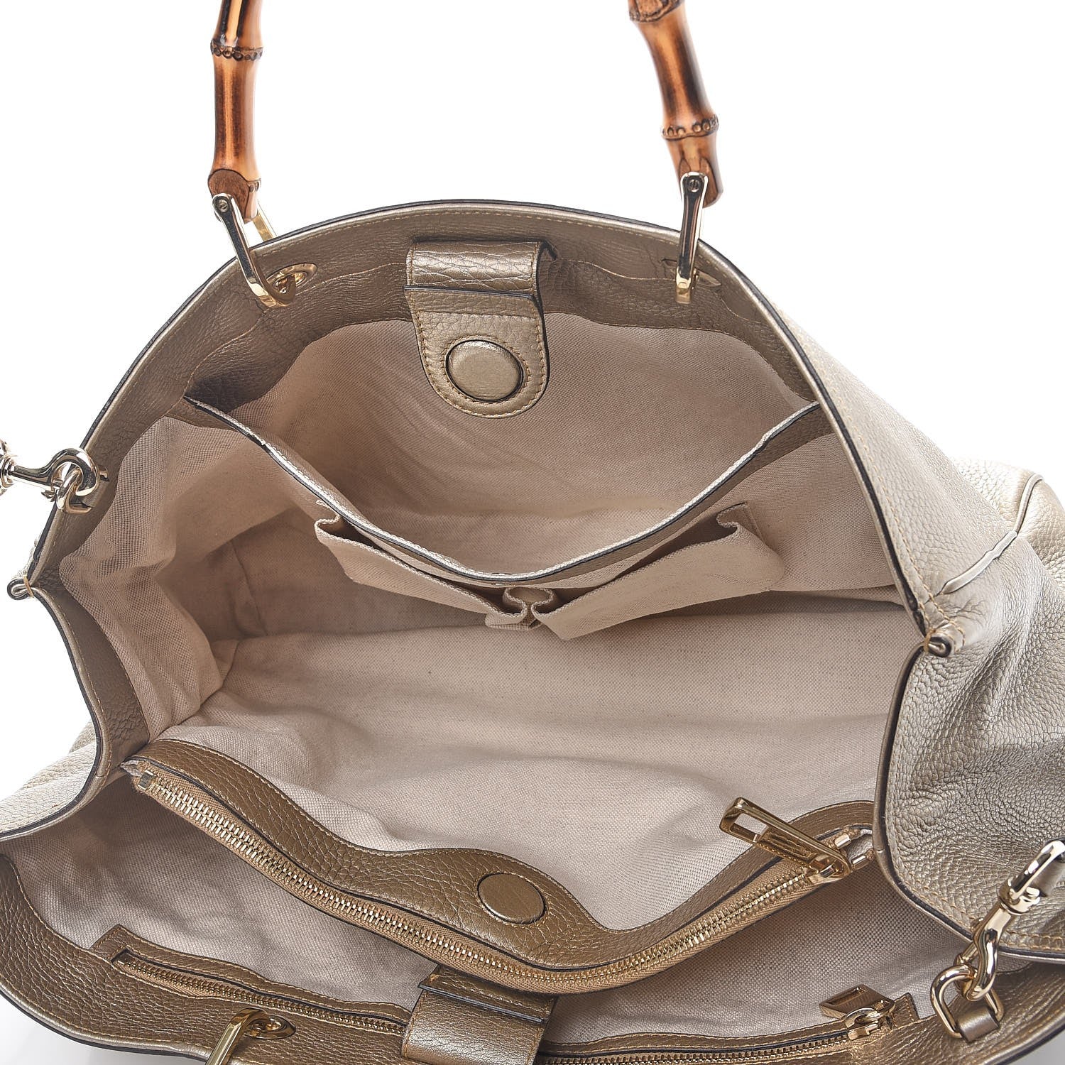 Gucci Metallic Pebbled Calfskin Large Bamboo Shopper Tote Golden Beige 6 of 9