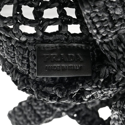 Prada Yarn Raffia Effect Crochet Logo Embroidered Tote Bag Black 8 of 12
