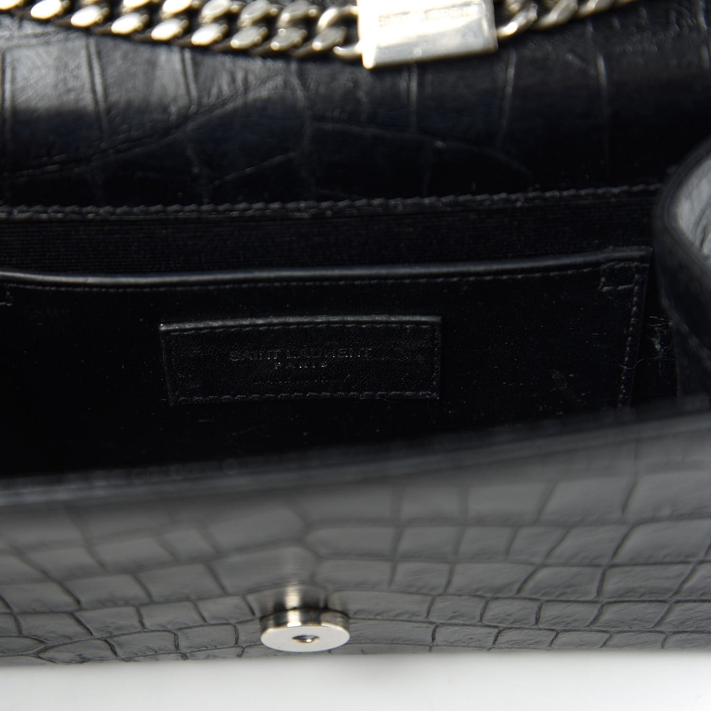 Calfskin Crocodile Embossed Monogram Small Kate Tassel Satchel Black