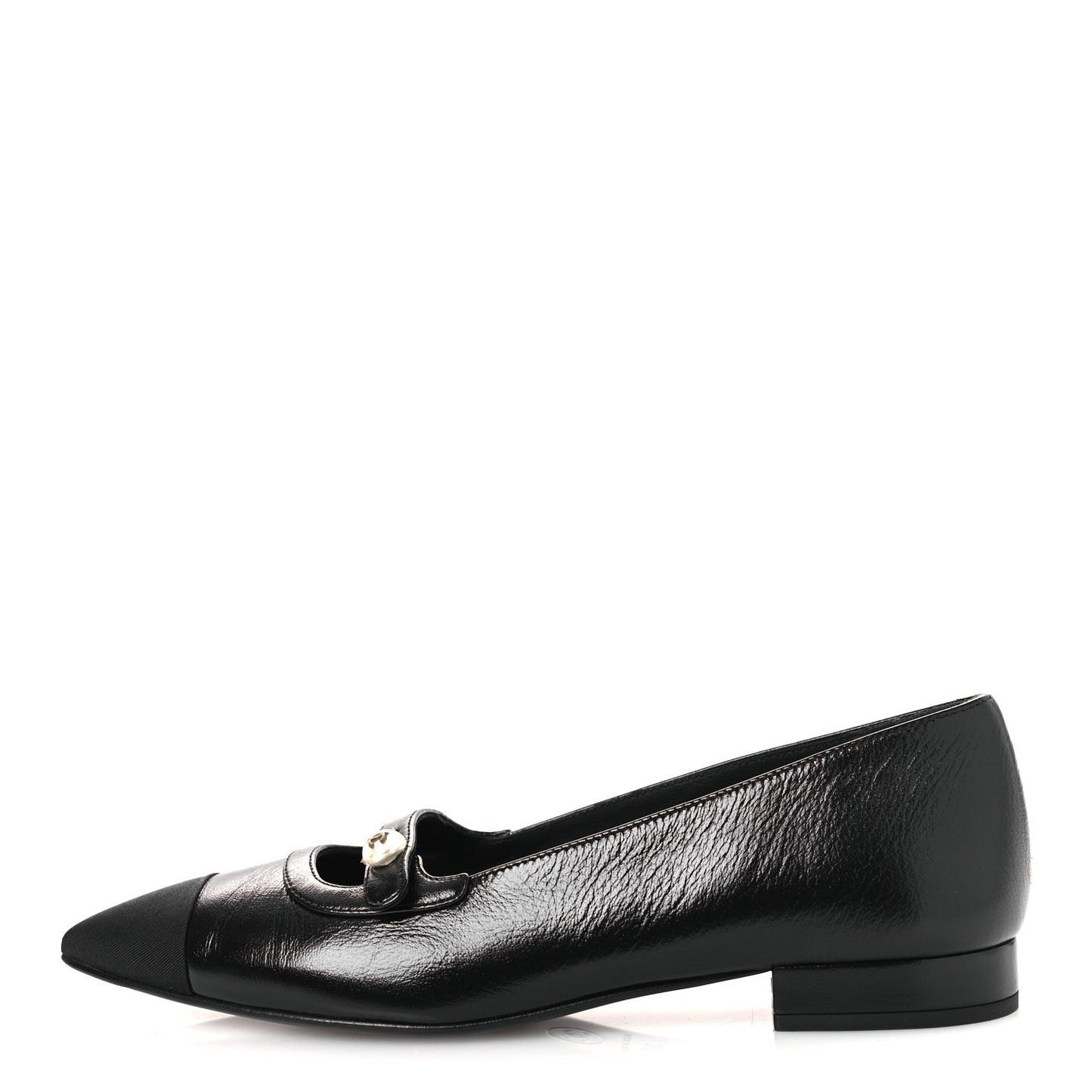 Shiny Lambskin Grosgrain Pearl Mary Jane Flats 37 Black