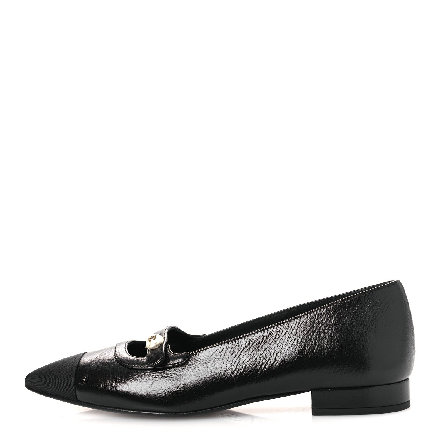Chanel Shiny Lambskin Grosgrain Pearl Mary Jane Flats 37 Black 1 of 11