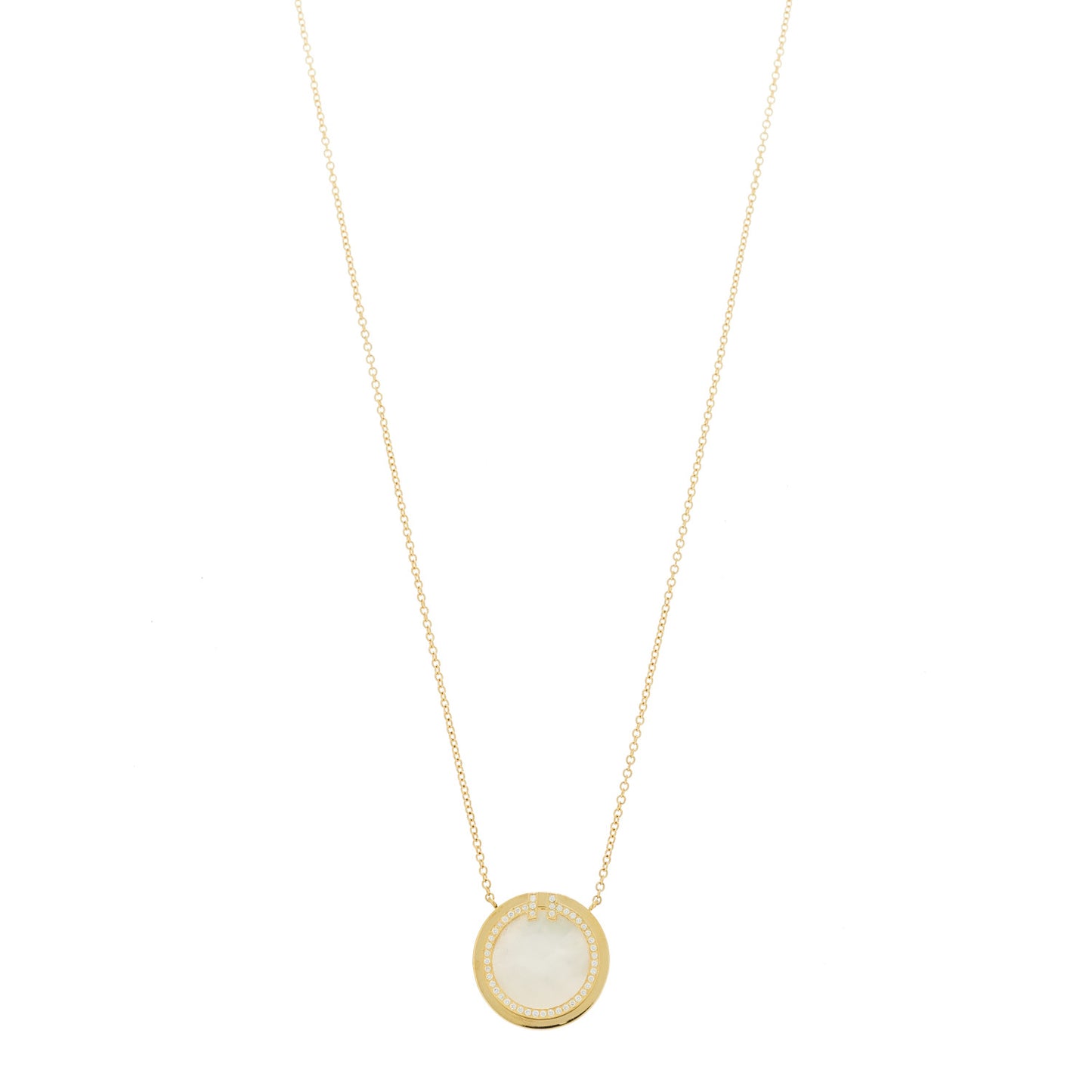 18K Yellow Gold Diamond Mother of Pearl T Circle Pendant Necklace