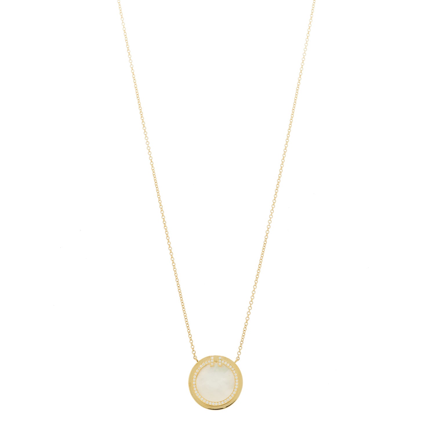 Tiffany 18K Yellow Gold Diamond Mother of Pearl T Circle Pendant Necklace 1 of 6