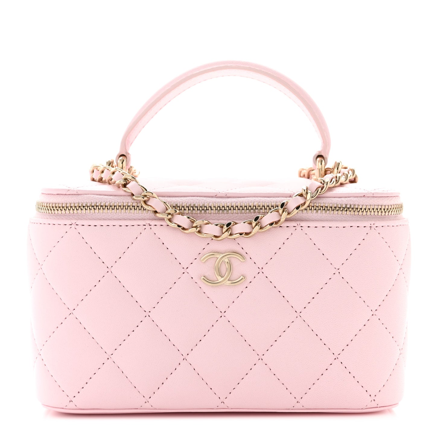 Lambskin Quilted Small Top Handle Vanity Case With Chain Light Pink