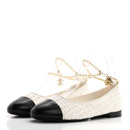 Chanel Tweed Lambskin Cap Toe Ankle Chain Ballerina Flats 38 White Black 3 of 9