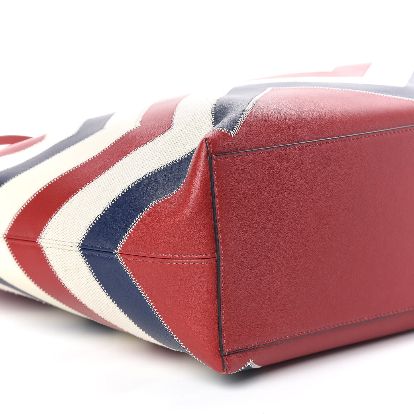 Calfskin Canvas Chevron Inlay Rockstud Shoulder Tote Red White Blue