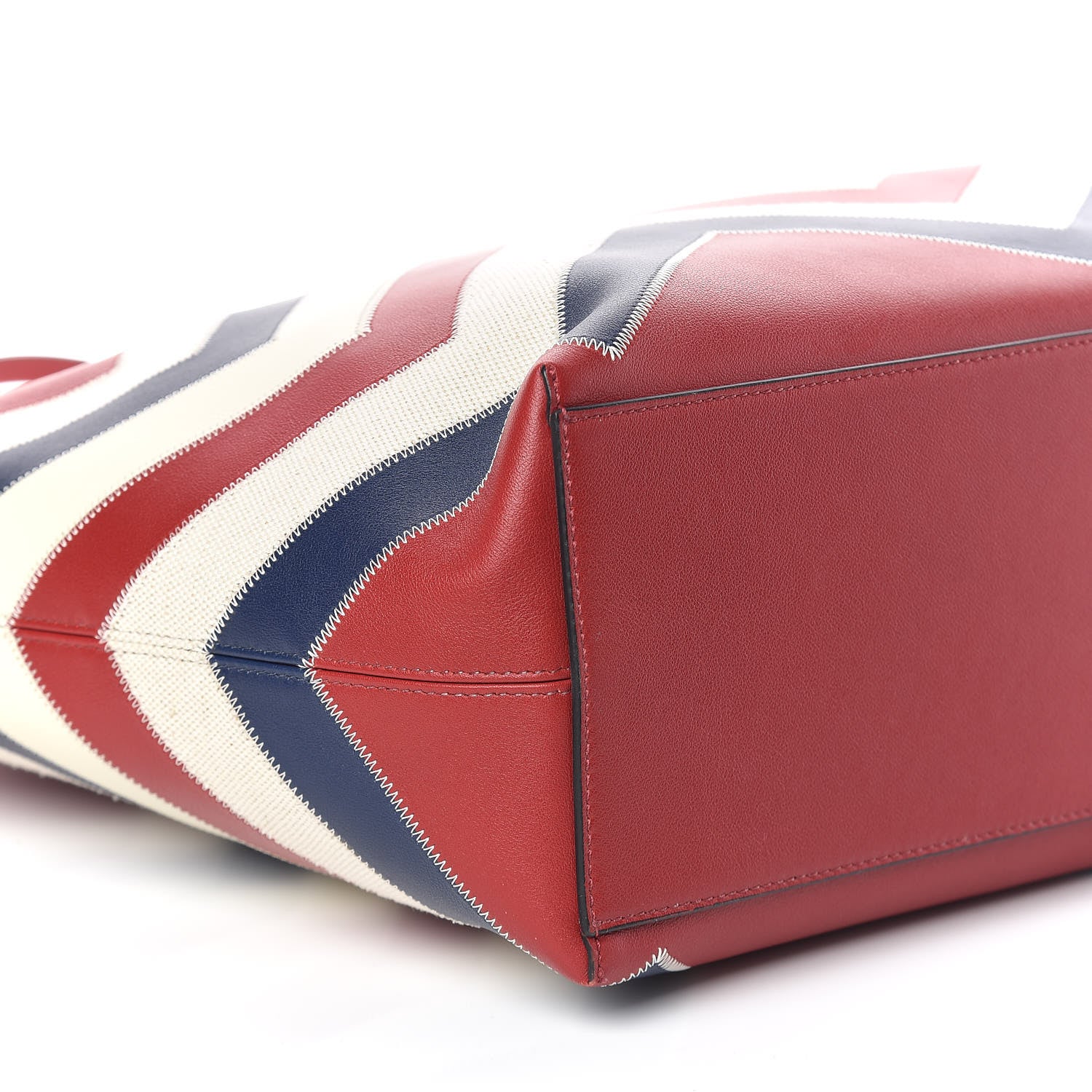 Valentino Garavani Calfskin Canvas Chevron Inlay Rockstud Shoulder Tote Red White Blue 9 of 10