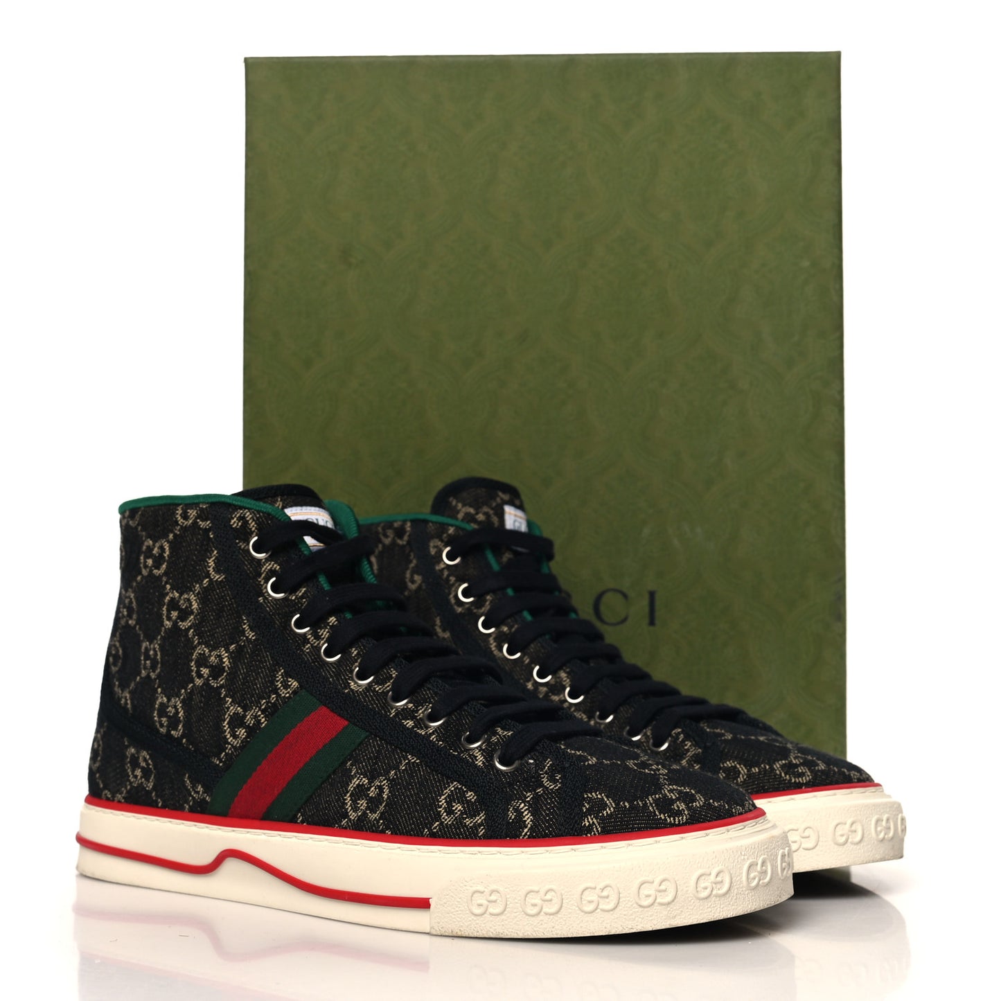 New Denim GG Monogram Web Mens 1977 Tennis High Top Sneakers 7.5 Black Ivory