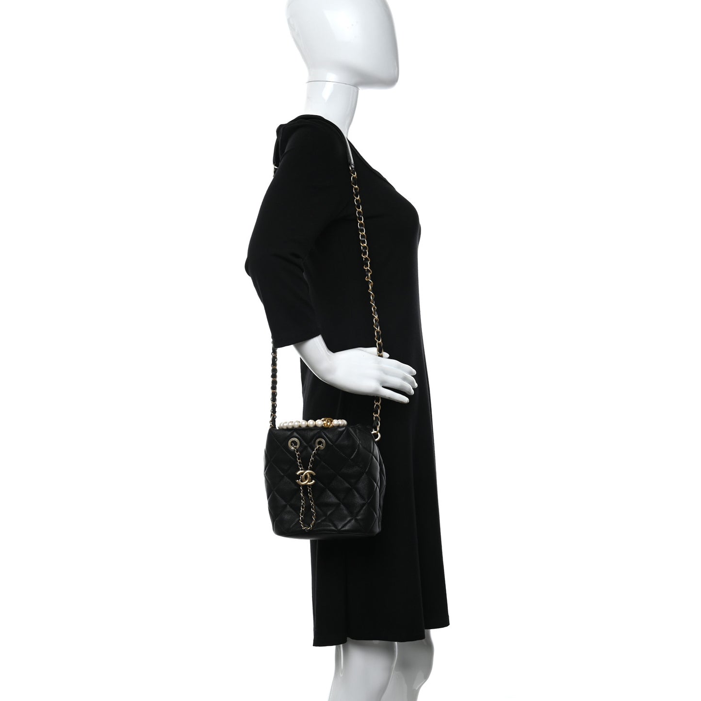 Lambskin Quilted Pearl Crown Drawstring Bag Black