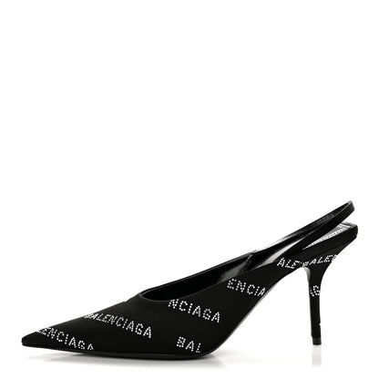Balenciaga Satin Strass Allover Logo Square Knife 110mm Slingback Pumps 38 Black 1 of 11