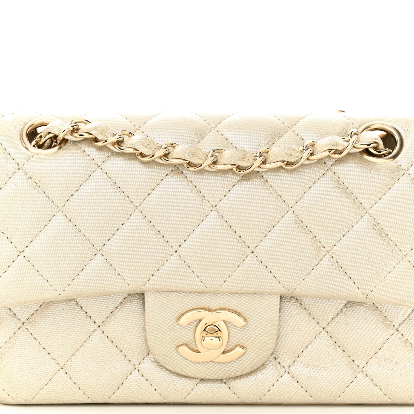 Iridescent Calfskin Quilted Mini Rectangular Flap Light Gold