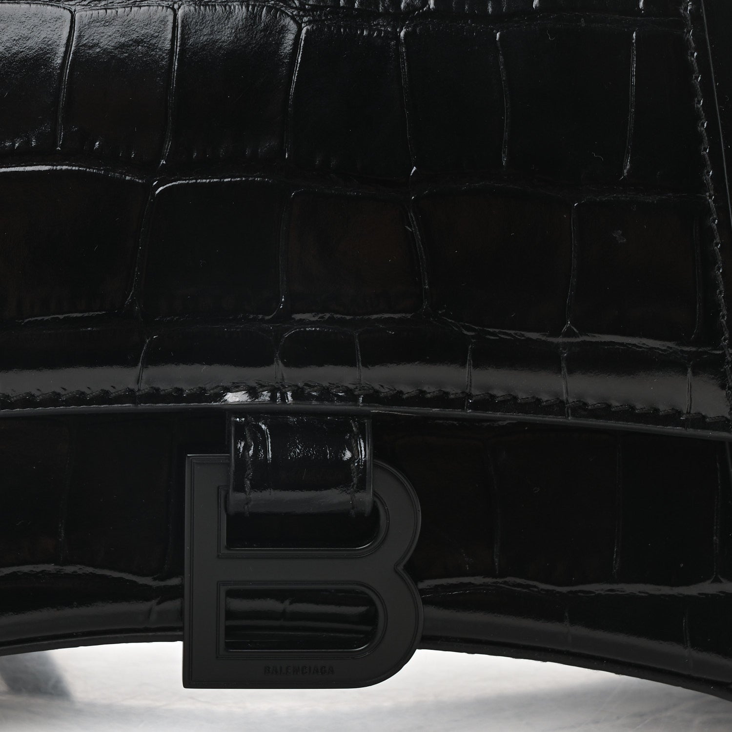 Balenciaga Shiny Calfskin Monochrome Crocodile Embossed Small Hourglass Top Handle Bag Black 7 of 9