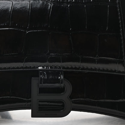 Balenciaga Shiny Calfskin Monochrome Crocodile Embossed Small Hourglass Top Handle Bag Black 7 of 9