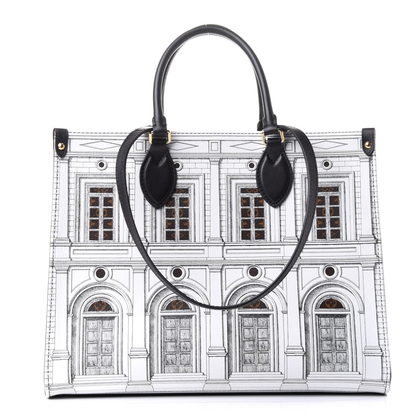 X FORNASETTI Calfskin Architettura Onthego MM Black White